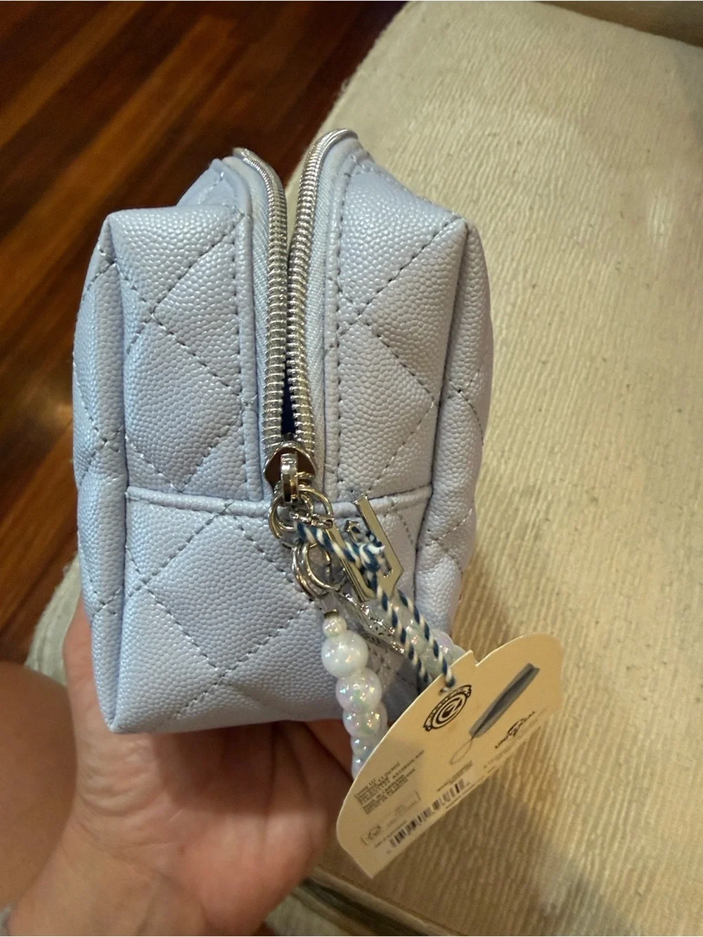 Pearl-Handle Quilted Cosmetic Pouch in Light Lavender